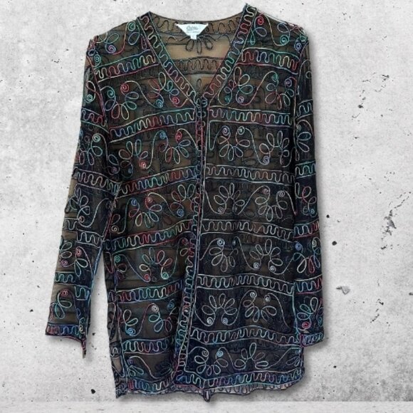 Celsa Sheer Mesh Duster Lightweight Embroidered Floral‎ Black Multicolor W L - Picture 1 of 10
